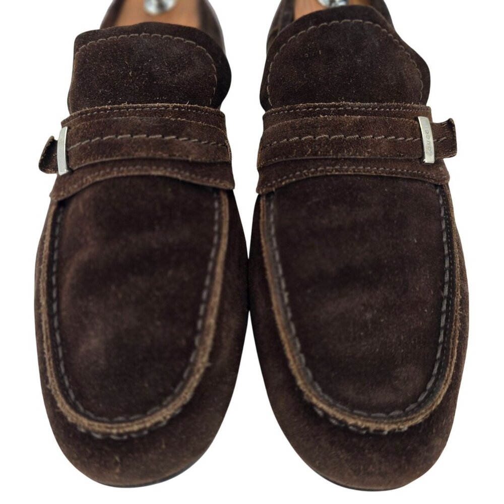 Gucci Italy Brown Suede Leather Driving Loafers Mens 8 Designer Dress Loafers - Picture 2 of 11